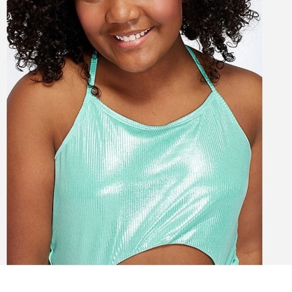 nwt justice girls ribbed cutout halter one piece Sz 6&8 green bathing swimsuit